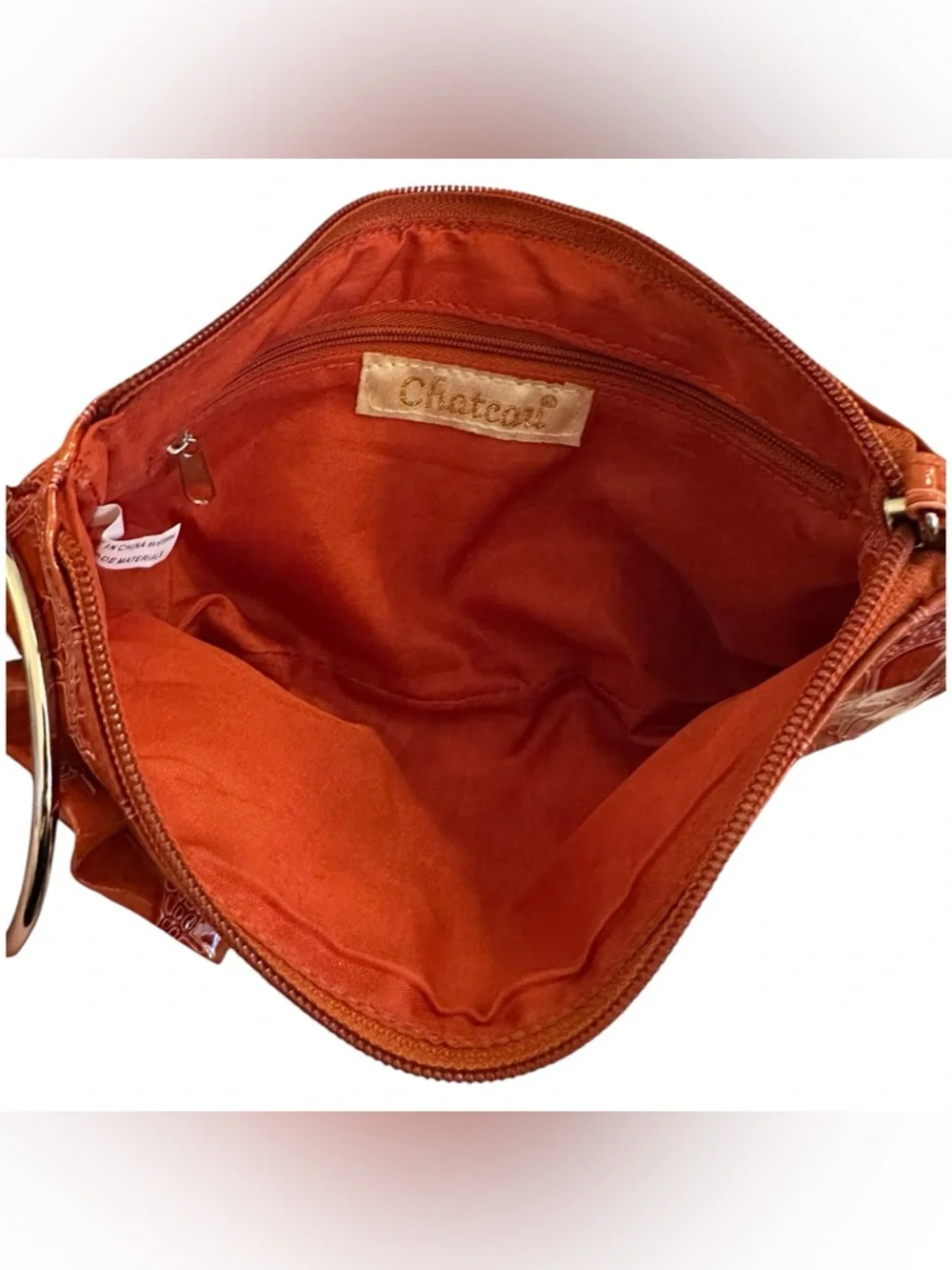 CHATEAU Vintage Y2K Wristlet Orange Croc-Embossed Ring Handle Flower Accent